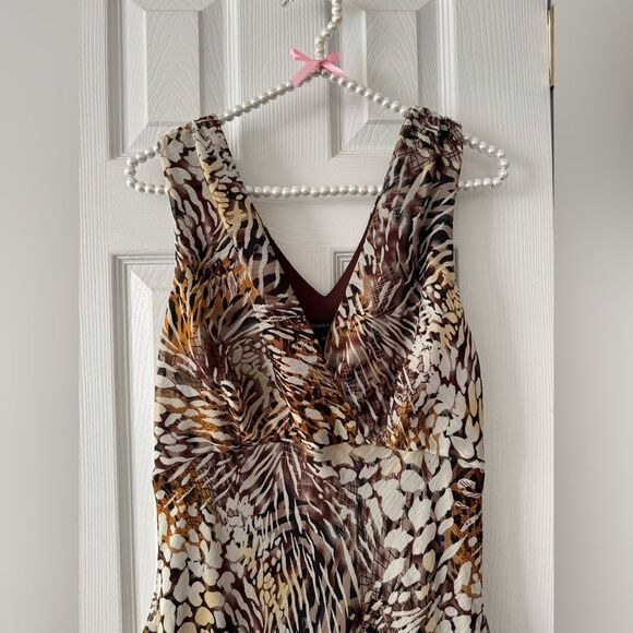 Chris McLaughlin Brown Chiffon Animal Print Asymmetrical Midi Dress Size M/L - Picture 3 of 11